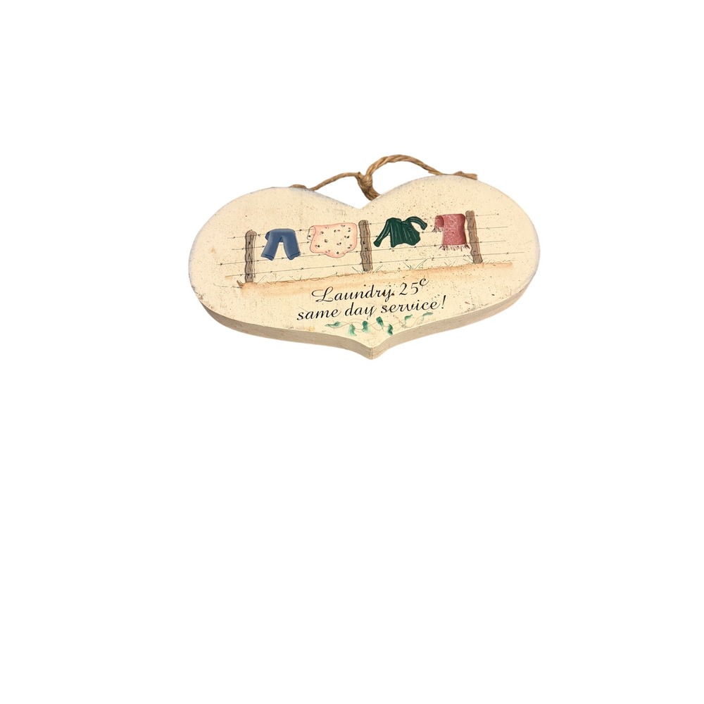 Vintage Wooden Heart Laundry Sign Plaque Hand Painted Country Decor Wall Hanging